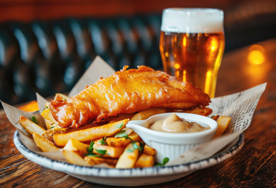 fish and chips with sauce and a glass of beer served at Marinis Rosyth 